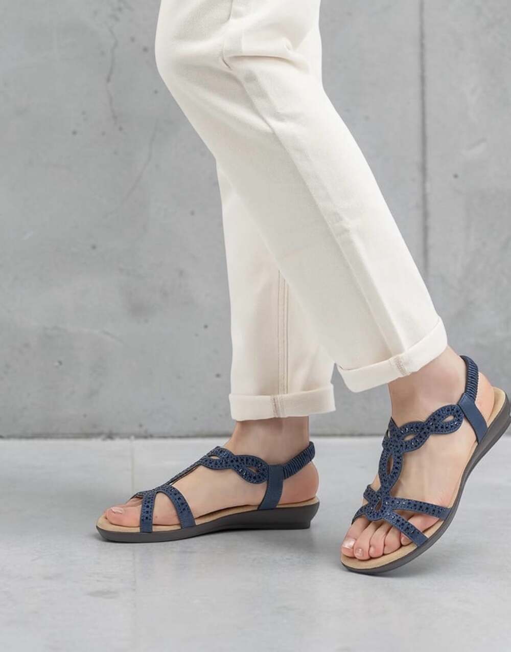 VJH Confort Women Flat Sandals Rhinestone Open Toe Elastic Navy Blue